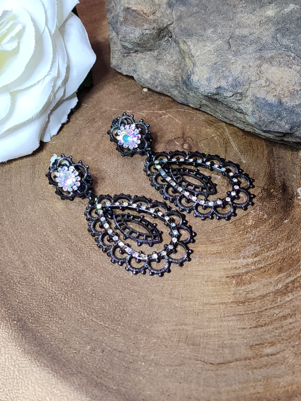 Aurora Crystal Black Metal Filigree Teardrop Clipon Earrings